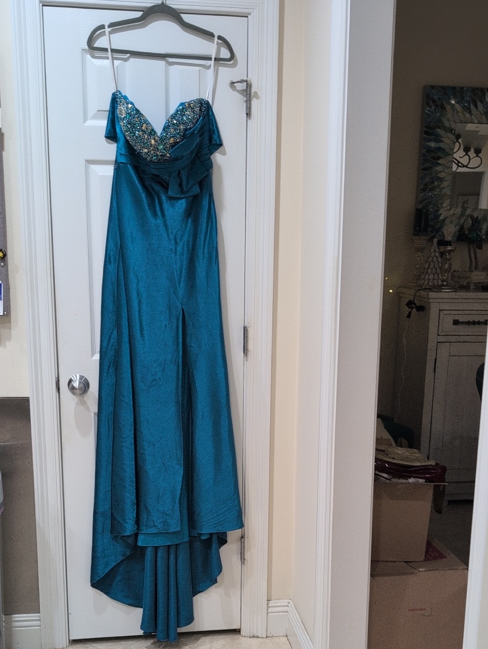 Maggie Sottero Teal Beaded Strapless Prom Gown